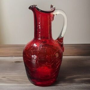 UV Reactive Vintage Red Crackle Glass Pitcher Heart Shape Pinched Yellow Rim